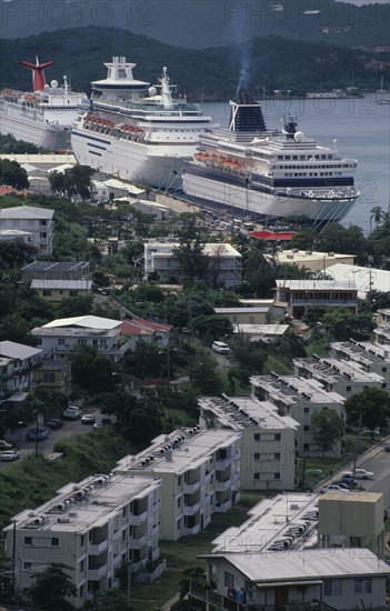 WEST INDIES, US Virgin Islands, St Thomas, View over the harbour with moored cruise liner.