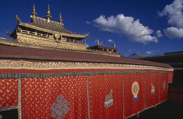 TIBET, Lhasa, "Jokhang Temple golden roofed temple over 1300 years old, built to commemorate the marriage of Tang princess Wen Cheng to King Songtsen Gampo"