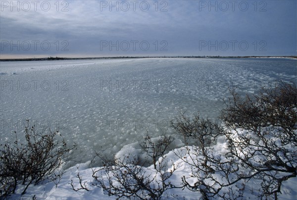 CANADA, Landscape, Frozen lake on the Canadian Tundra. Ice balls are formed as the water slowly freezes.