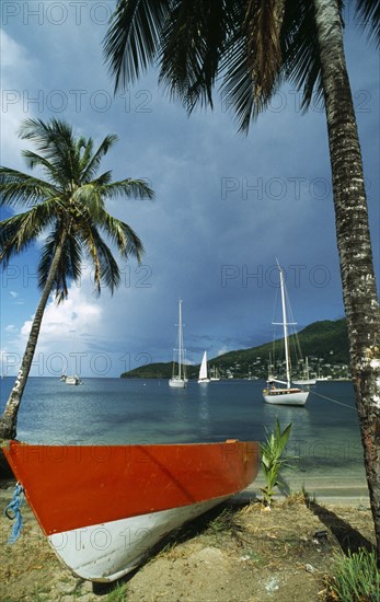 WEST INDIES, Grenadines, Union Island, Orange and white boat on coconut palm tree fringed beach with yachts anchored in bay