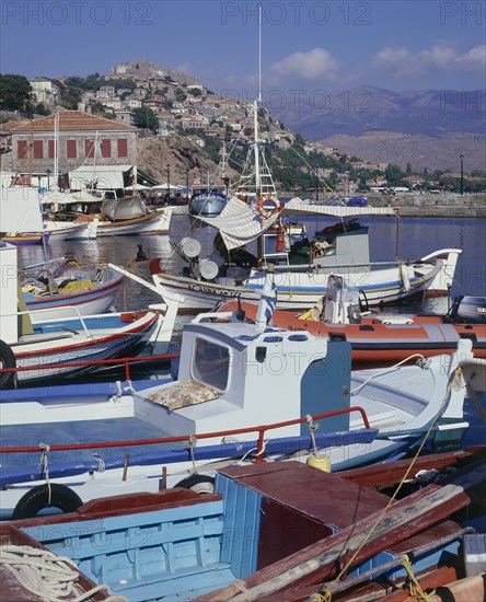 GREECE, North Eastern Aegean, Lesvos, Mytilini with a view over fishing boats in the foreground across the harbour towards the town