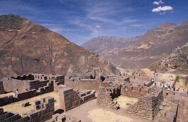 PERU, Cusco Department, Pisac, The Pisac Ruins and mountains beyond.