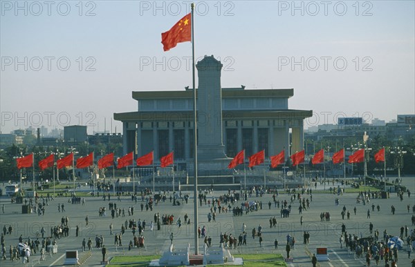 CHINA, Hebei, Beijing, Tiananmen Square with red communist flags.