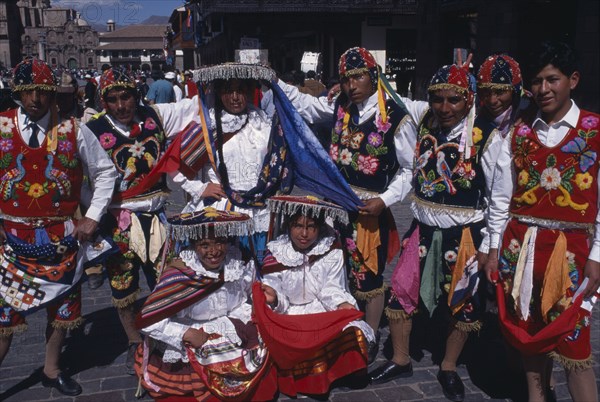 PERU, Cusco Department, Cusco, Group in traditional costume at Inti Raymi.