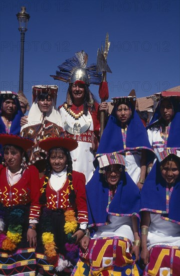 PERU, Cusco Department, Cusco, Group wearing traditional costume at Inti Raymi.