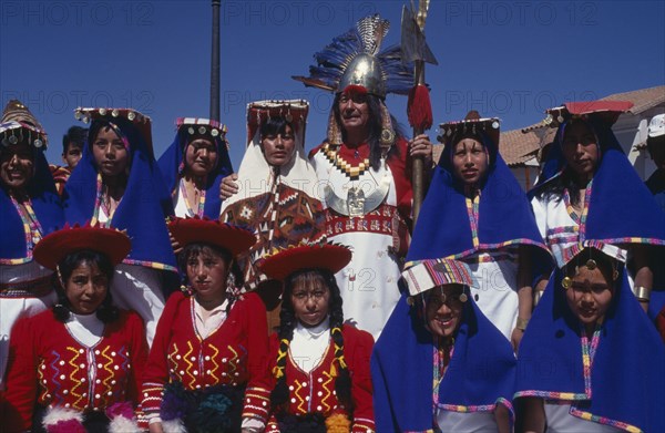 PERU, Cusco Department, Cusco, Male figure in traditional costume at Inti Raymi.