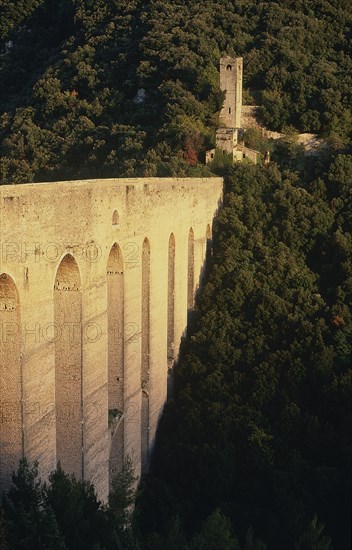 ITALY, Umbria, Spoleto, Ponte delle Torri The Bridge of Towers 14th Century Roman Aquaduct at sunset