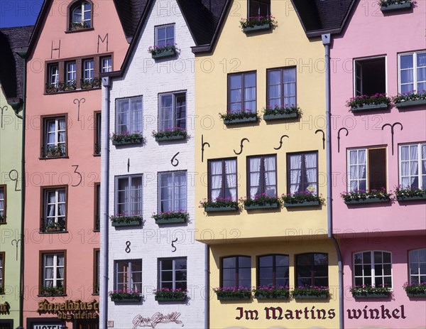 GERMANY, North Rhine Westfalia, Cologne, "Typical building facades, painted in pastel colours in Cologne fish market"