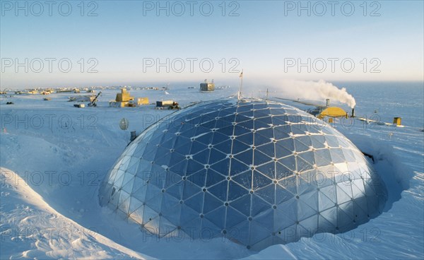 ANTARCTICA, South Pole, The geodesic dome exterior which covers essential buildings at the US Amundsen-Scott South Pole Station.
