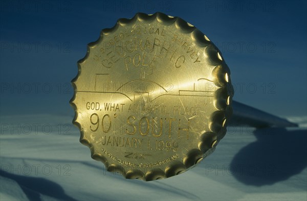 ANTARCTICA, South Pole, Marker indicating the geographic South Pole position on January 1 1999.  US Amundsen-Scott South Pole Station.