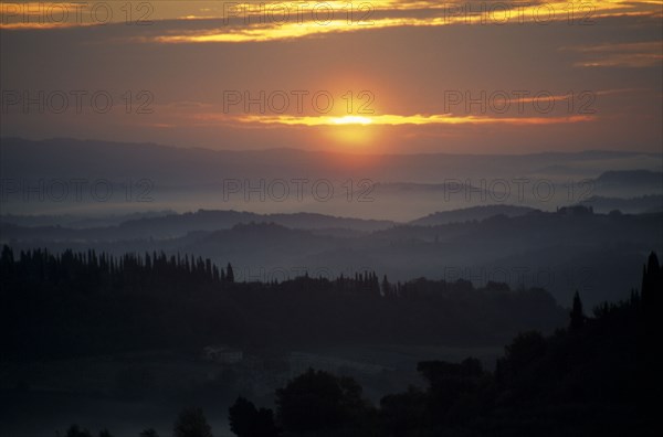 ITALY, Tuscany, San Gimignano, Sunrise through mist over wooded hillside.