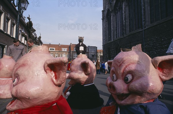 BELGIUM, Brabant, Brussels, "Woluwe St. Lambert, Spring Festival.  Figures depicting pigs and a fox. "