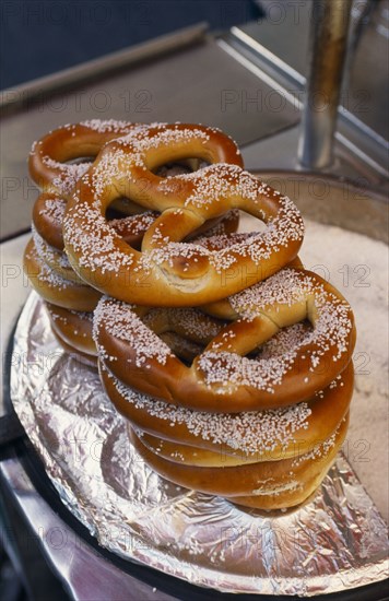 USA, New York State, New York, A stack of pretzels.