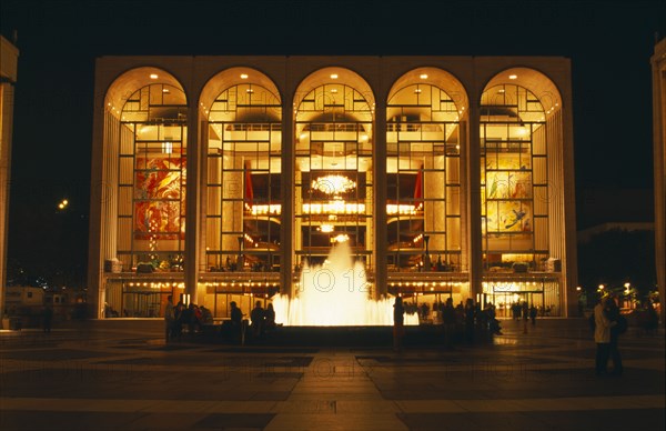 USA, New York State, New York, The Lincoln Center for the Performing Arts exterior and fountain at night.