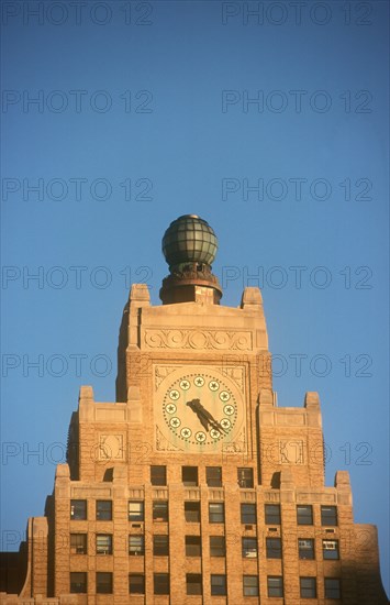 USA, New York , Manhattan, "The Paramount Building, detail of stepped roof and clock face. "