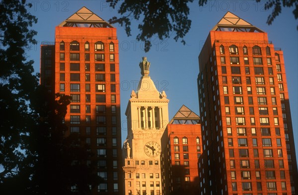 USA, New York , Manhattan, The Con Edison Building partly seen between high rise buildings.