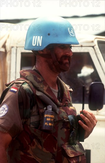 CAMBODIA, Thmar Pouk, UN soldier in the contested North West.  Head and shoulders in profile to the right.