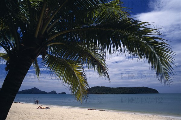 MALAYSIA, Langkawi, Kedah, Pantai Cenang beach looking towards Pulau Tepor island from under a coconut palm tree