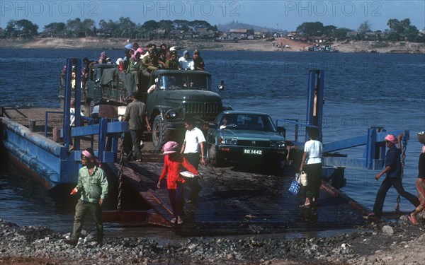CAMBODIA, Phnom Pehn, "Motor ferry from Phnom Pehn to Kampong Cham with truck , car and foot passengers."