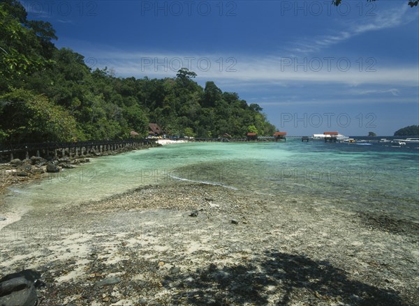 MALAYSIA, Kedah, Langkawi, Pulau Paya marine national park with anchored tourist boats beyond the coral reef