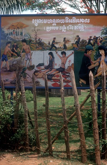 CAMBODIA, Ba Rai, Poster depicting Khmer Rouge atrocities under Pol Pot.