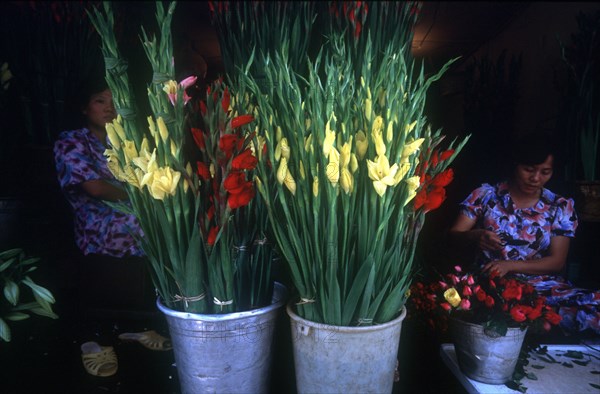 VIETNAM, Ho Chi Minh City, Women selling flowers at central market.