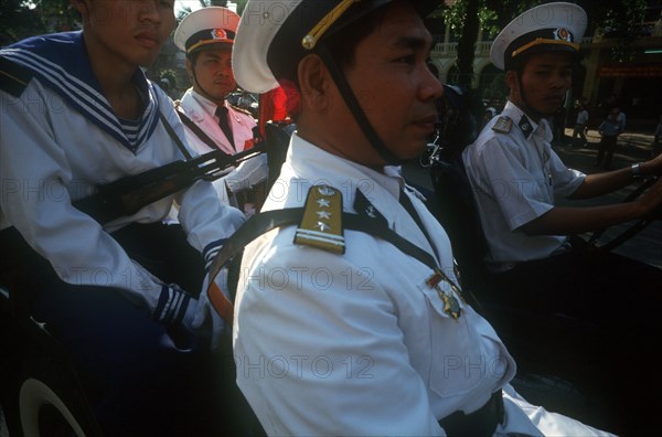 VIETNAM, Military, "Soldiers at the 20th Anniversary parade commemorating the liberation of Saigon.  Close up shot, seated in vehicle.  "