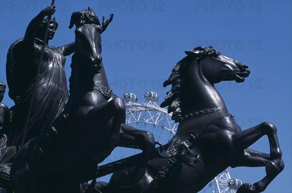 ENGLAND, London, Part view of the statue of Bodicea with the British Aiways London Eye just seen behind.