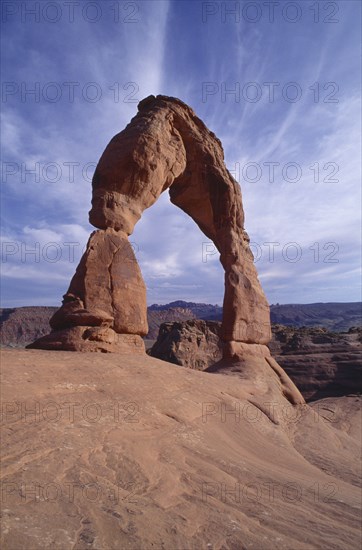 USA, Utah, Arches National Park, Eroded rock features and arch