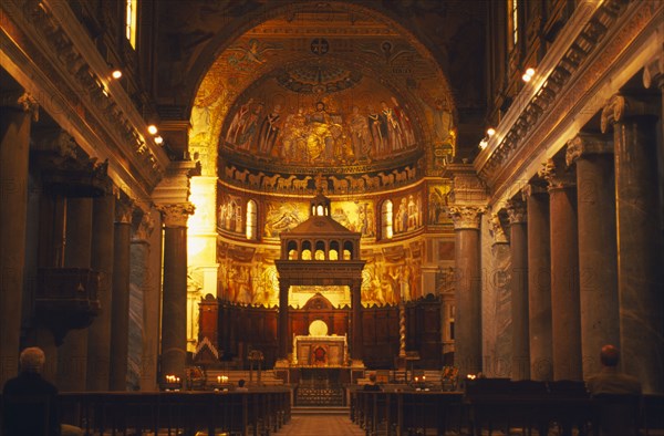 ITALY, Lazio, Rome, "Santa Maria in Trastevere, interior view of the apse with painted walls and ceiling. "