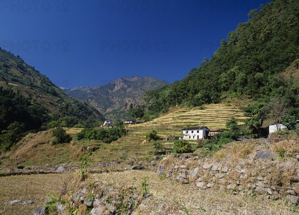 NEPAL, Annapurna Region, Bhurungdi Khola Valley, White painted buildings on lower slopes of terraced hillside with tree covered hills behind and distant mountains.