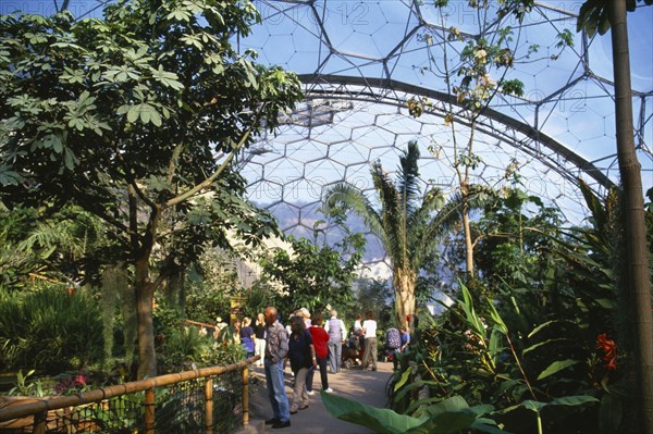 ENGLAND, Cornwall, St. Austell, "Eden Project.  Humid Tropics Biome interior, visitors on pathway amongst tropical plants, domed geodesic roof above,"
