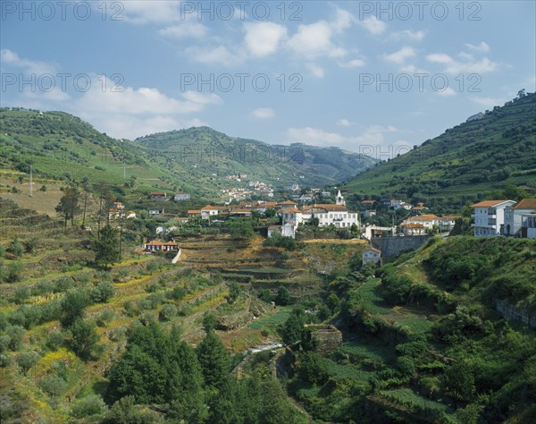 PORTUGAL, Douro Valley, Santa Marta, View over terraced hillside towards white painted village with tiled rooftops.