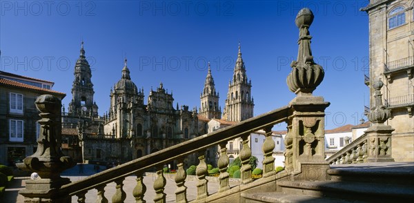 SPAIN, Castilla Y Leon , Leon, "The Cathedral, view over stone balustrade towards cathedral exterior above town rooftops."