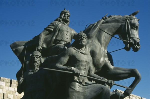 SYRIA, South, Damascus, Equestrian statue of Saladin outside the Citadel walls.