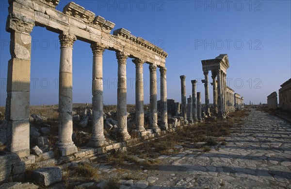 SYRIA, Central, Apamea, Historical site above the village of Qalaat Mudiq.  Colonnaded street.