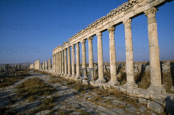 SYRIA, Central, Apamea, Historical site above the village of Qalaat Mudiq.  Colonnaded street.