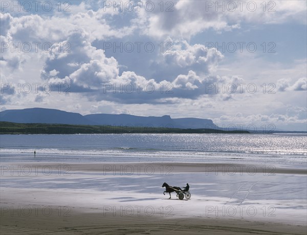IRELAND, County Donegal, Rossnowlagh Beach, Trotting horse and trap on sandy beach with sparkling sea and distant headland.  Single figure at waters edge behind.