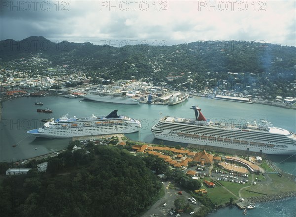 WEST INDIES, St Lucia, Castries, View over town and Port Castries with cruise ships from above.