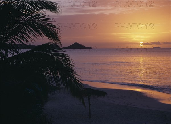 WEST INDIES, Antigua, Runaway Bay, View towards bay over empty sandy beach with thatched umbrellas at sunset with orange sky reflected in the water.  Palm fronds in the foreground.