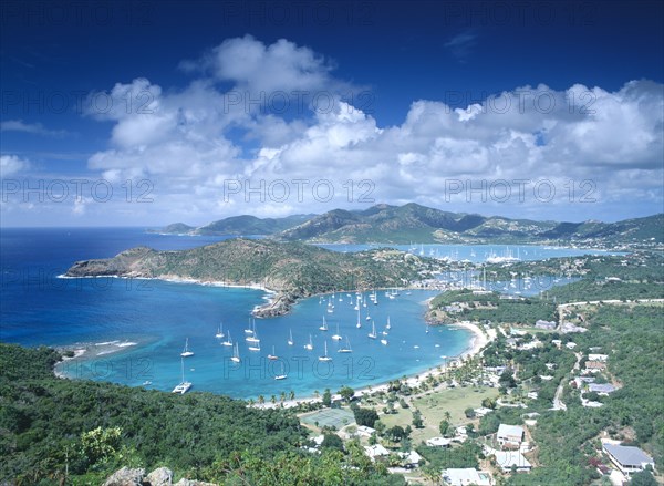 WEST INDIES, Antigua, Shirley Heights, View from Shirley heights over Falmouth and English Harbours and surrounding coastline.