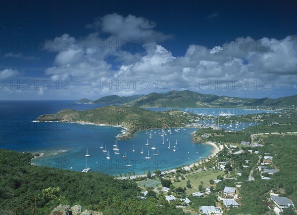 WEST INDIES, Antigua, Shirley Heights, View from Shirley heights over Falmouth and English Harbours and surrounding coastline.