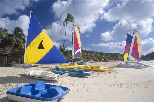 WEST INDIES, Antigua, Jolly Beach, Line of boats with brightly coloured sails pulled up onto empty sandy beach fringed by palm trees with blue and white pedalo in the foreground.