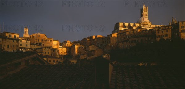 ITALY, Tuscany, Siena, View across the city rooftops towards the Duomo and Campanile in late evening light.