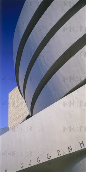 USA, New York State, New York, Soloman R. Guggenheim Museum.  Part view of exterior designed by Frank Lloyd Wright.