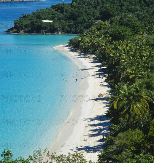 WEST INDIES, US Virgin Islands, St Johns, "Trunk Bay. View over tree covered coastline with bright blue water and narrow, curved, sandy beach with distant sunbathers and swimmers.  "