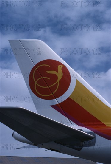 TRANSPORT, Air, Plane Details, "Air Jamaica A.300 Airbus at Gatwick Airport, detail of tail fin."