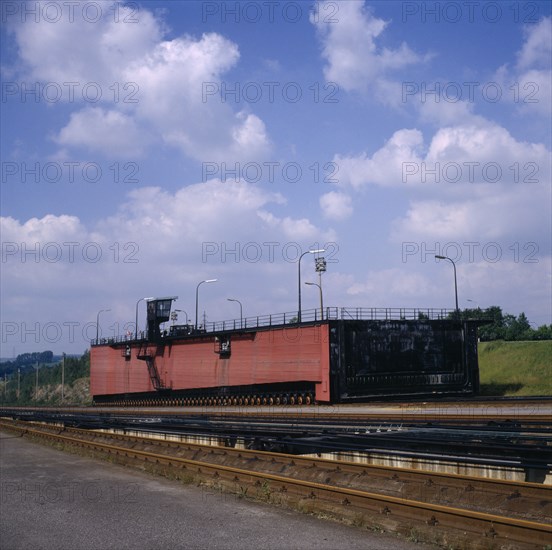 BELGIUM, Hainaut, Ronquieres, Inclined plane barge lift on Brussels to Charleroi Canal  13000 ton barges moved within moving steel container filled with water.