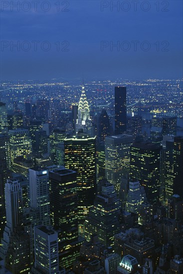 USA, New York , New York City, View over Mid Manhattan and the Chrysler building illuminated at night