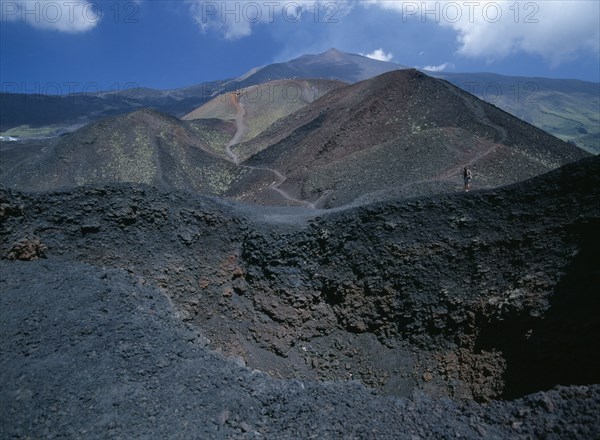 ITALY, Sicily, Mount Etna, Tourists walking around extinct crater